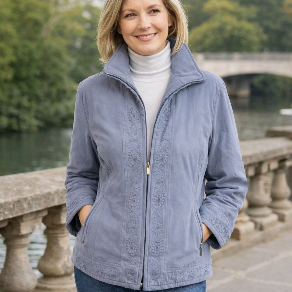 London Fog Embroidered Coat Petite S Periwinkle Velveteen Jacket Quilted Lining